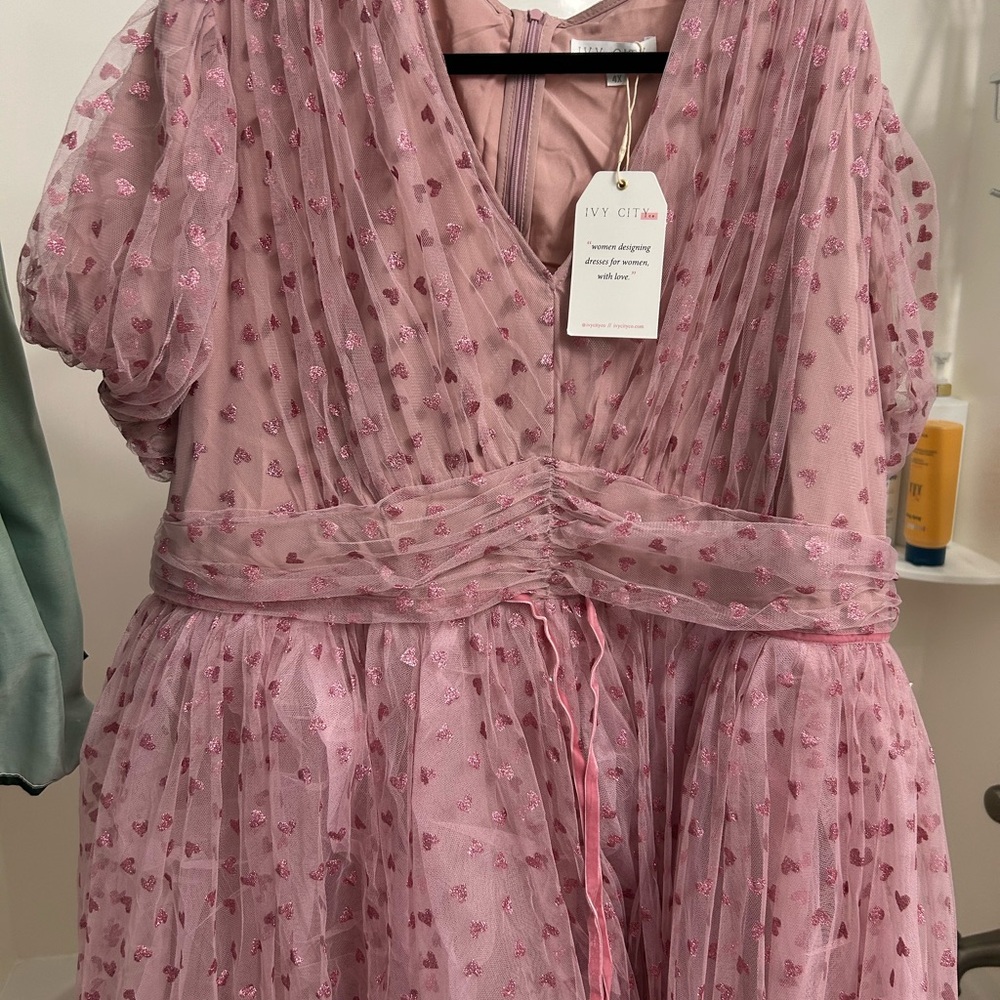 Ivy City Co Pink Mesh Heart-Embroidered Dress